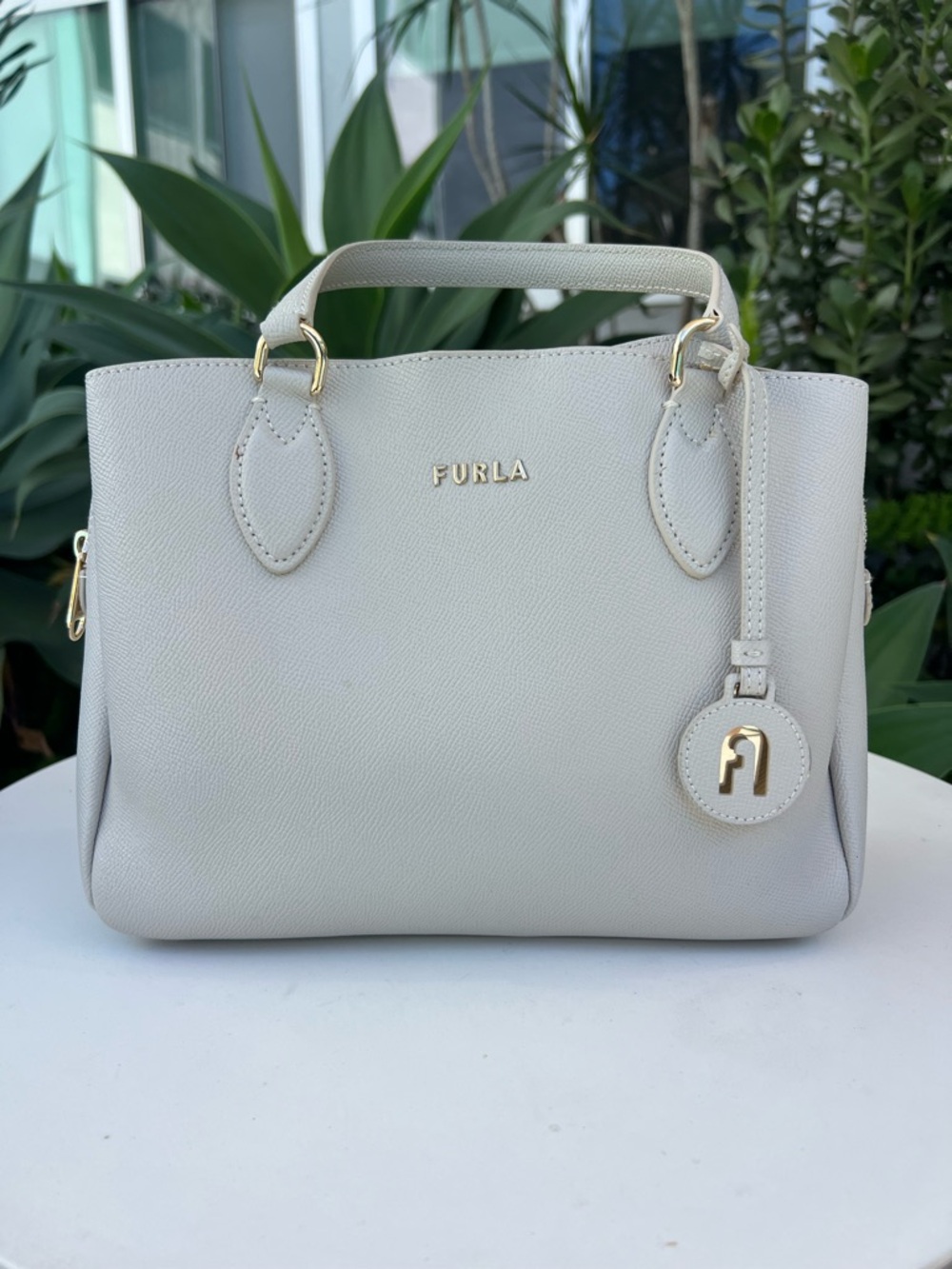 Furla Cream Leather Top-Handle Satchel with Gold Hardware